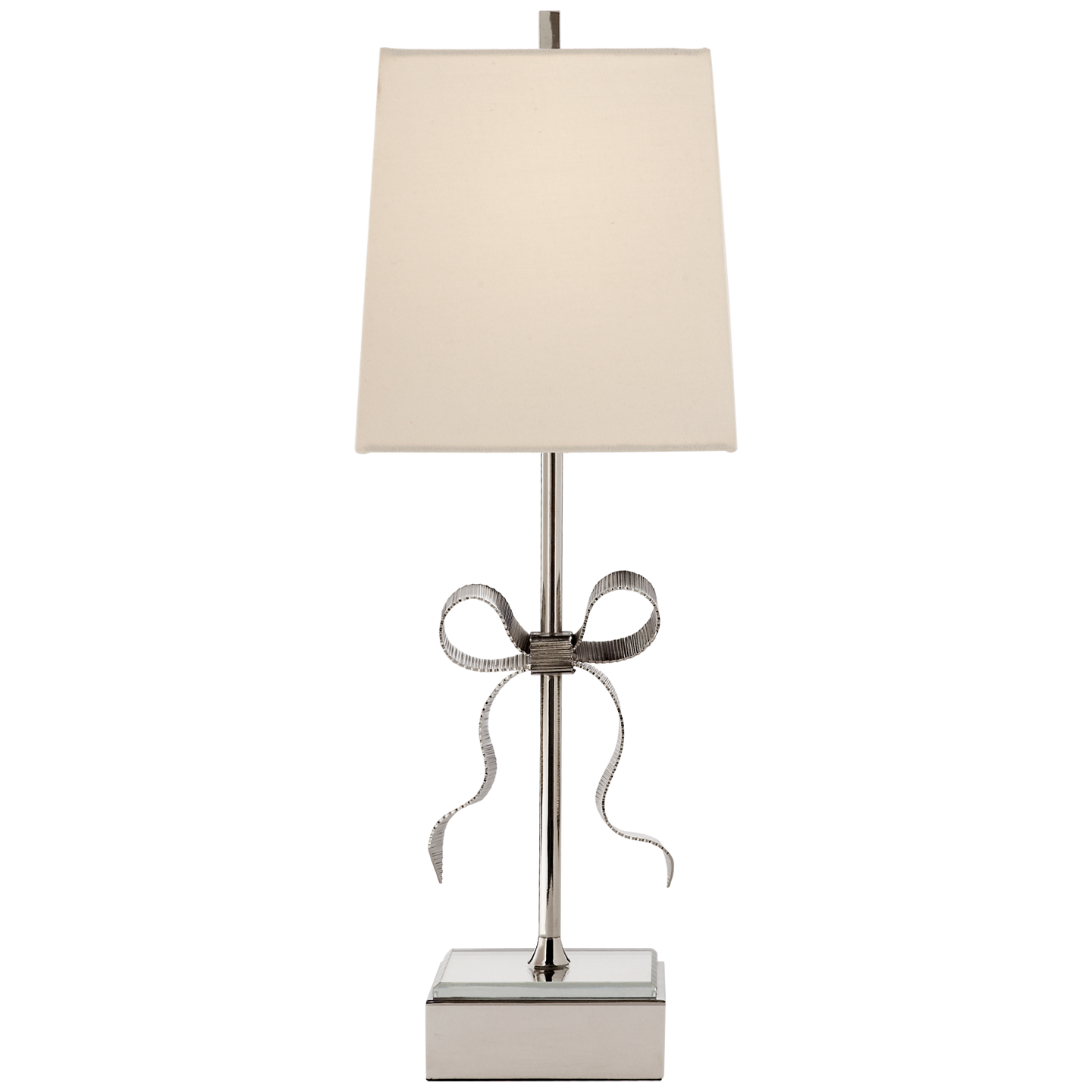 Lade das Bild in den Galerie-Viewer, Ellery Gros-Grain Bow Table Lamp in Polished Nickel and Mirror with Cream Linen Shade
