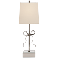 Ellery Gros-Grain Bow Table Lamp in Polished Nickel and Mirror with Cream Linen Shade