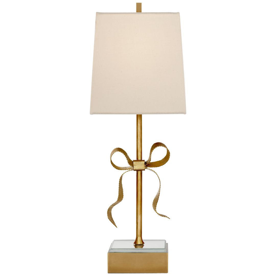 Ellery Gros-Grain Bow Table Lamp in Soft Brass and Mirror with Cream Linen Shade