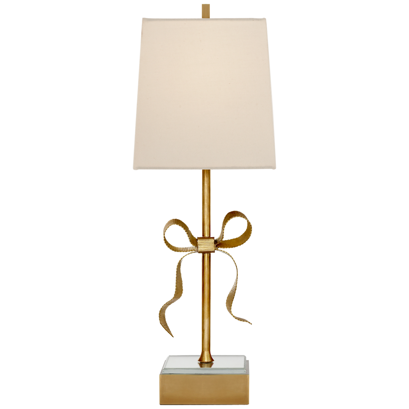 Ellery Gros-Grain Bow Table Lamp in Soft Brass and Mirror with Cream Linen Shade