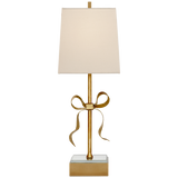 Ellery Gros-Grain Bow Table Lamp in Soft Brass and Mirror with Cream Linen Shade