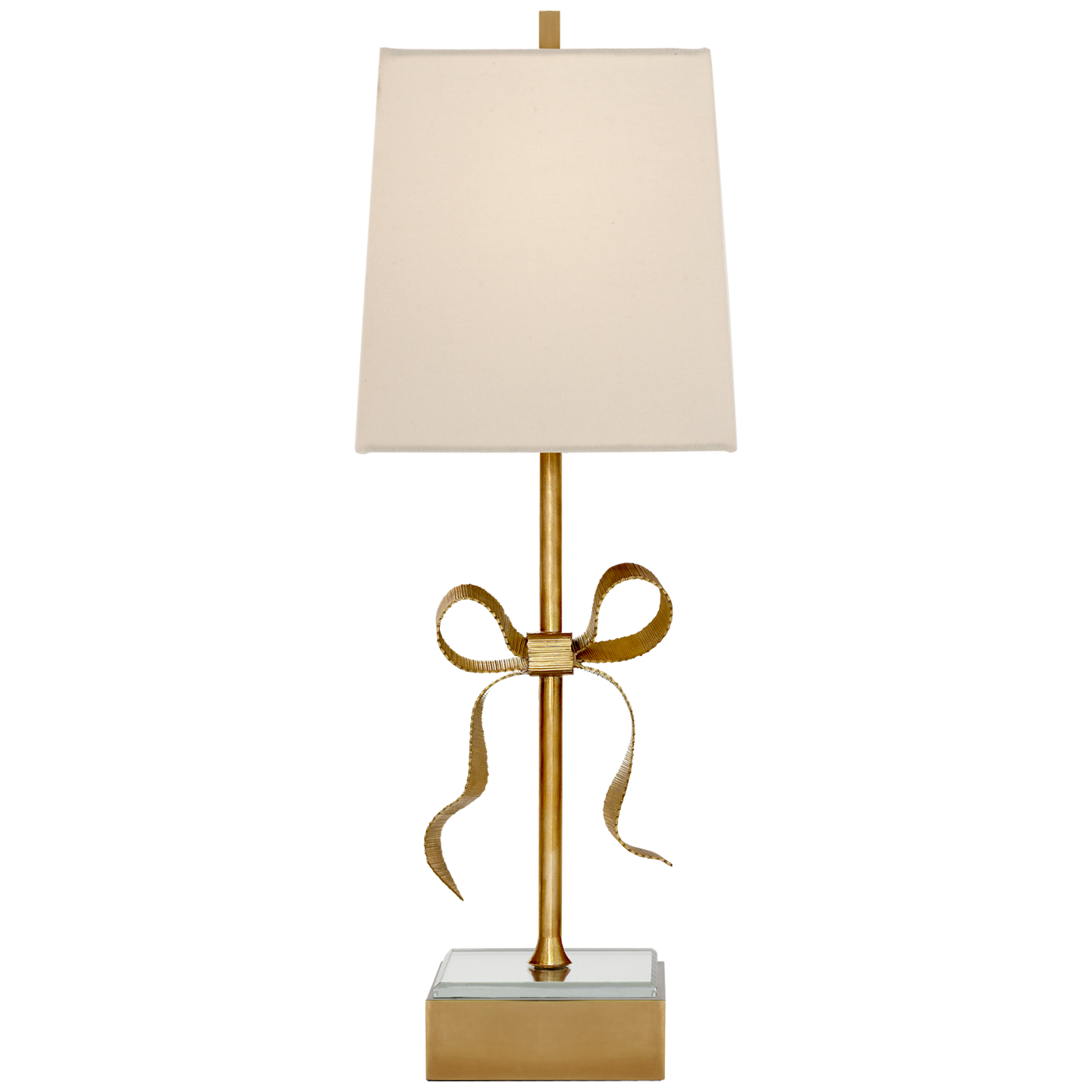 Lade das Bild in den Galerie-Viewer, Ellery Gros-Grain Bow Table Lamp in Soft Brass and Mirror with Cream Linen Shade
