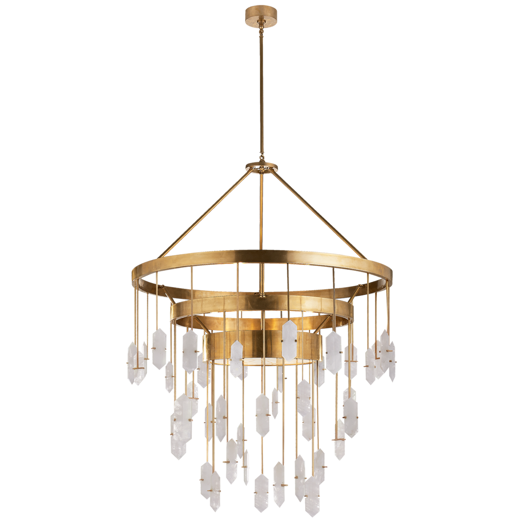 Halcyon Large Three Tier Chandelier in Antique-Burnished Brass with Quartz