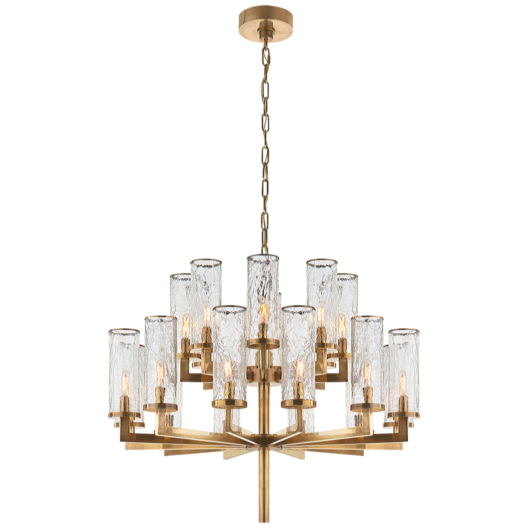 Liaison Double Tier Chandelier in Antique-Burnished Brass with Crackle Glass