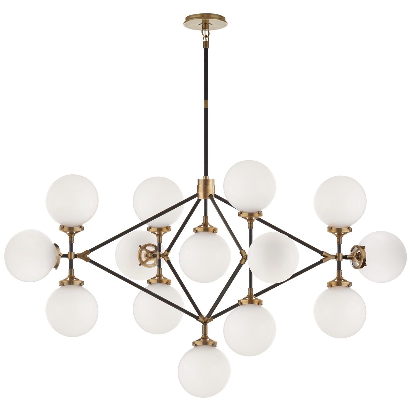 Lataa kuva Galleria-katseluun, Bistro Four Arm Chandelier in Hand-Rubbed Antique Brass and Black with White Glass
