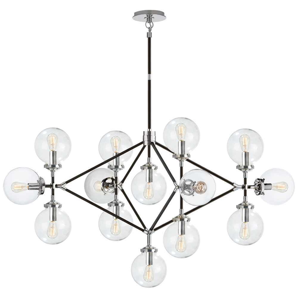 Bistro Four Arm Chandelier in Polished Nickel and Black with Clear Glass