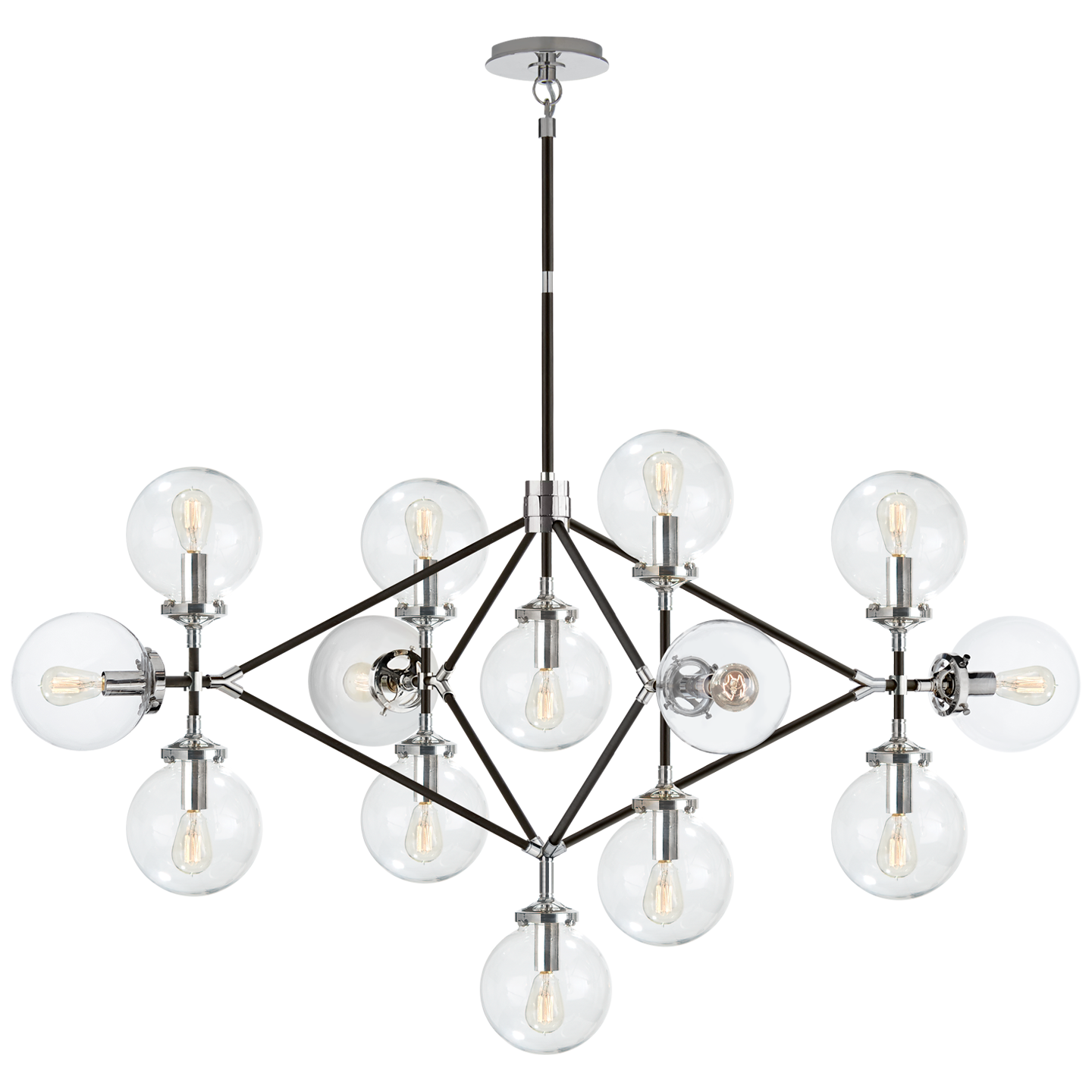 Lataa kuva Galleria-katseluun, Bistro Four Arm Chandelier in Polished Nickel and Black with Clear Glass
