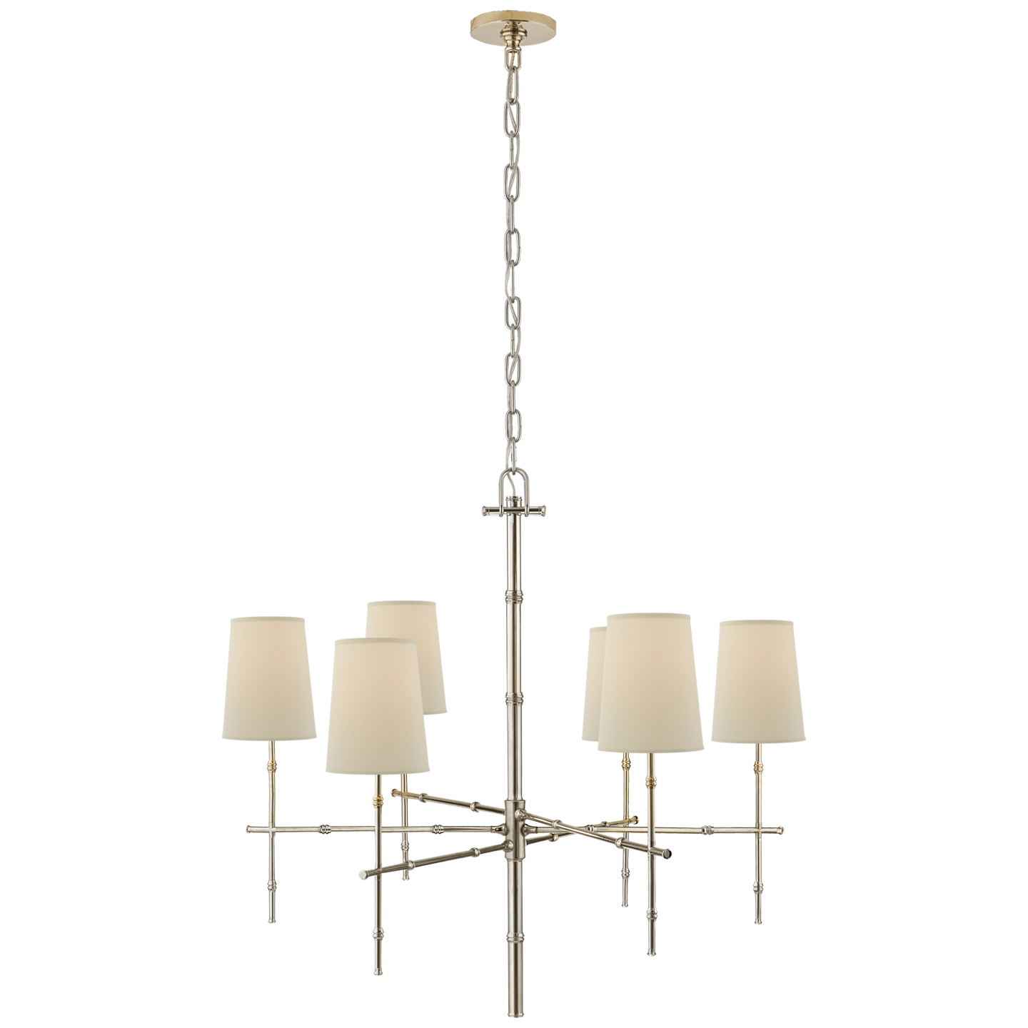 Lade das Bild in den Galerie-Viewer, Grenol Medium Modern Bamboo Chandelier in Polished Nickel with Natural Percale Shades
