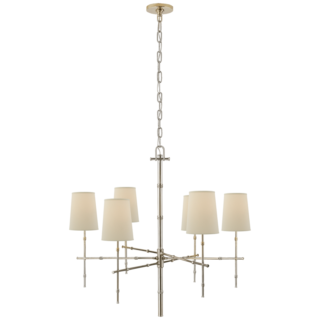 Grenol Medium Modern Bamboo Chandelier in Polished Nickel with Natural Percale Shades