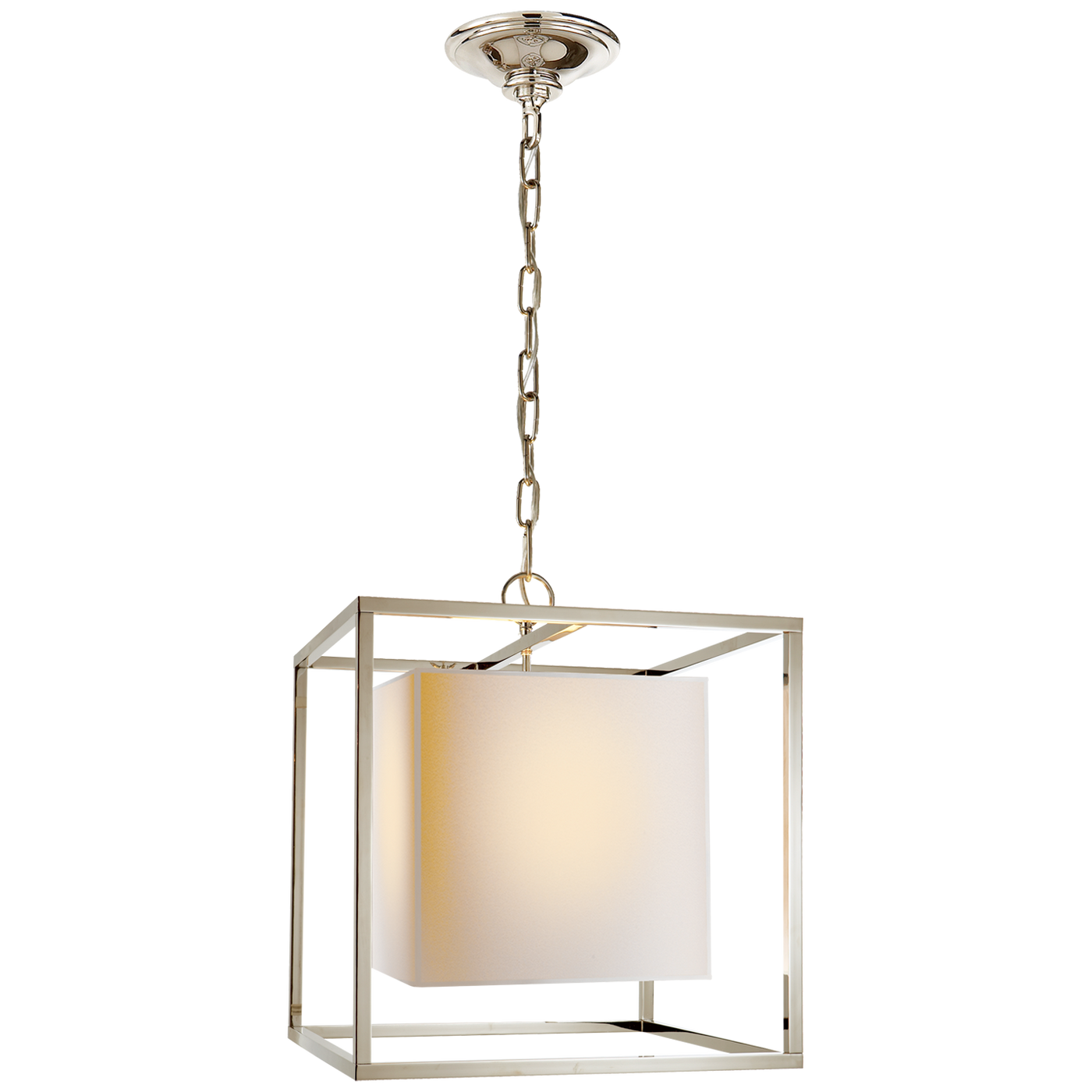 Caged Small Lantern in Polished Nickel with Natural Paper Shade