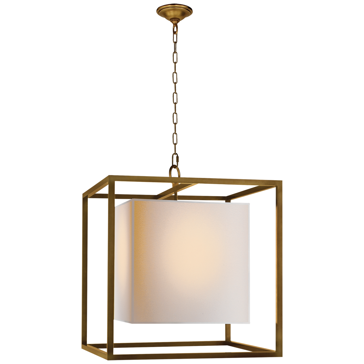 Caged Medium Lantern in Hand-Rubbed Antique Brass with Natural Paper Shade