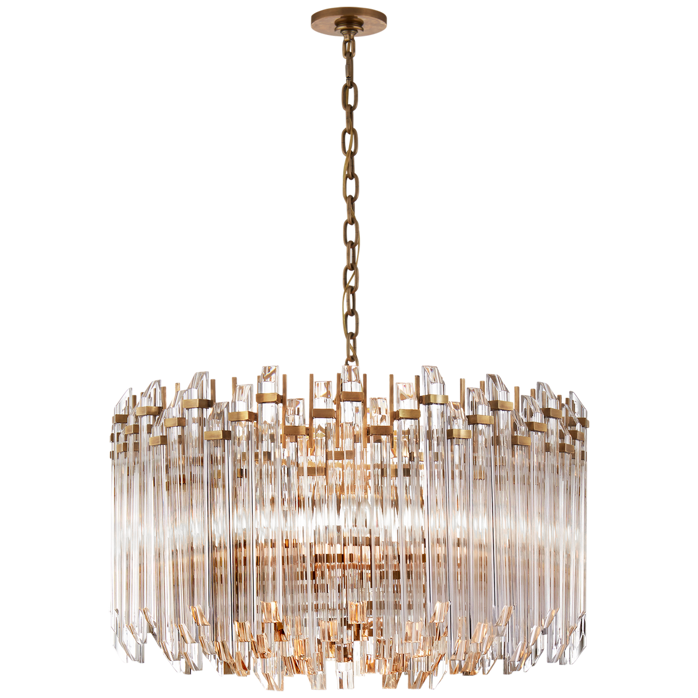 Adele Large Wide Drum Chandelier in Hand-Rubbed Antique Brass with Clear Acrylic