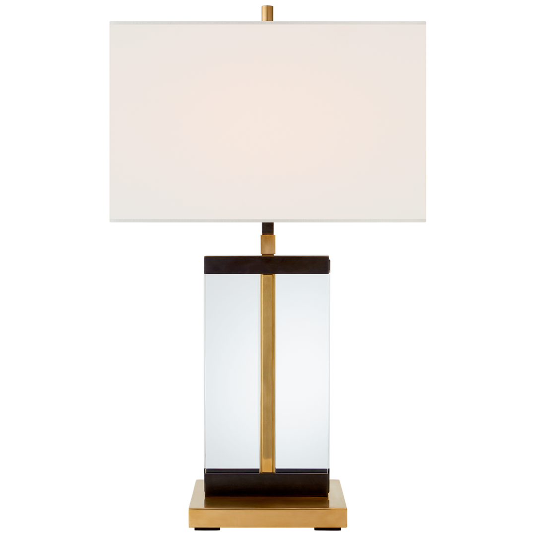 Porto Medium Table Lamp in Bronze and Hand-Rubbed Antique Brass with Linen Shade