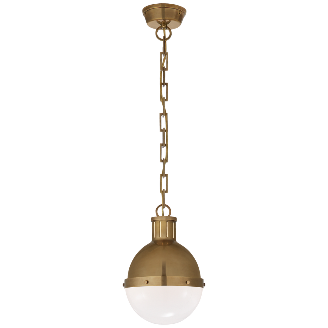 Hicks Small Pendant in Hand-Rubbed Antique Brass with White Glass