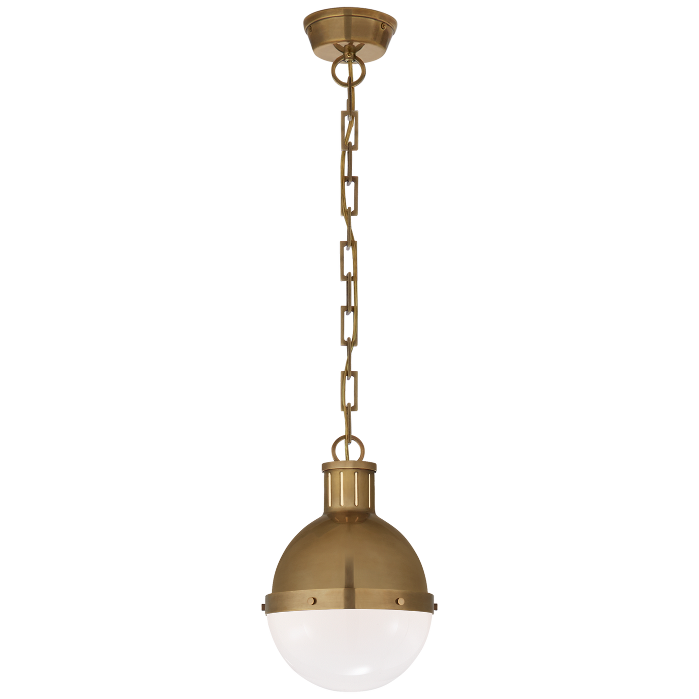 Hicks Small Pendant in Hand-Rubbed Antique Brass with White Glass