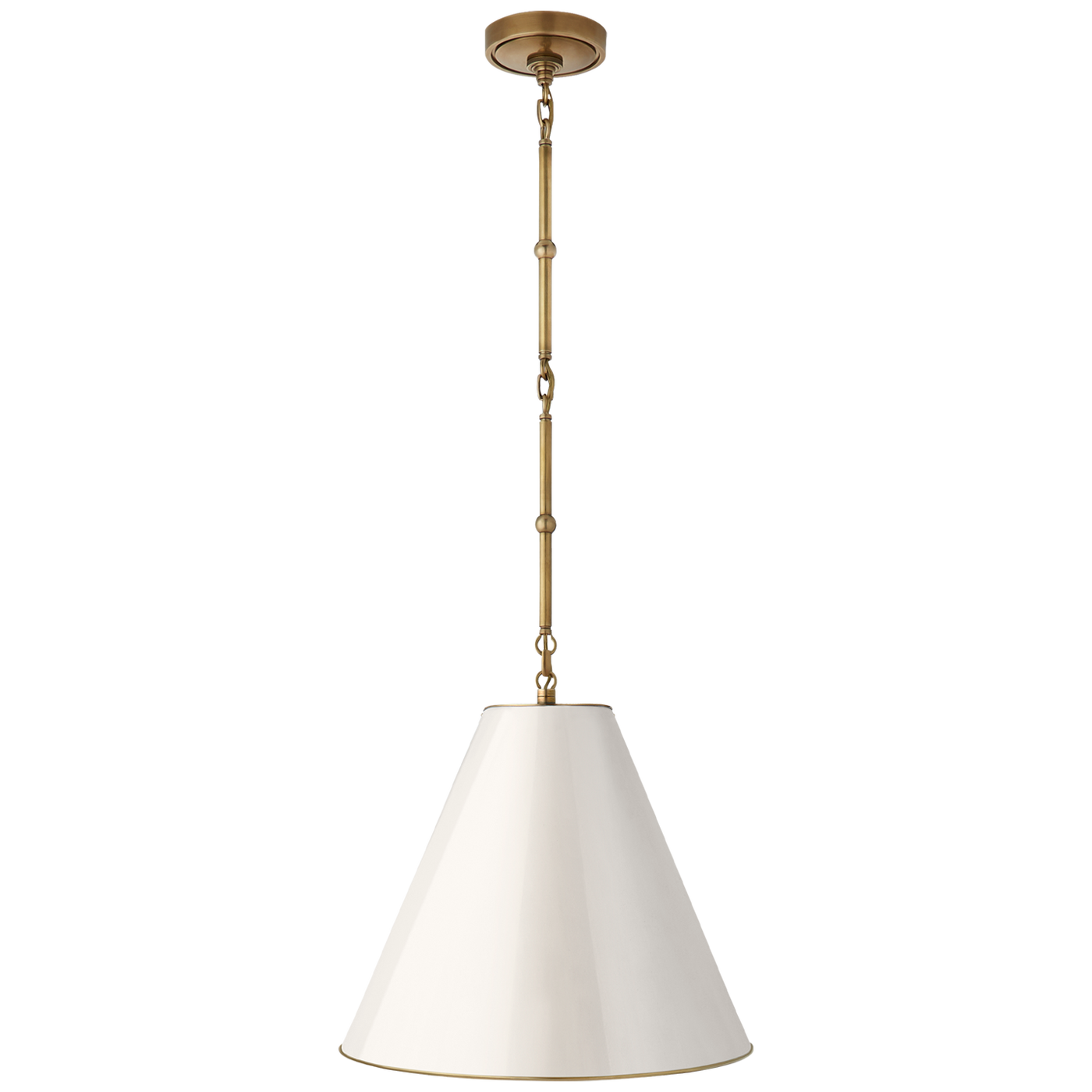 Goodman Small Hanging Light in Hand-Rubbed Antique Brass with Antique White Shade