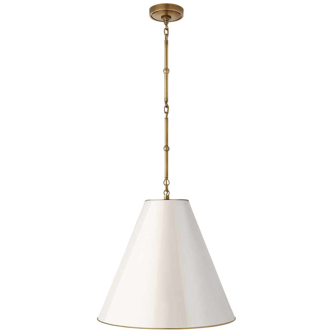 Goodman Medium Hanging Light in Hand-Rubbed Antique Brass with Antique White Shade