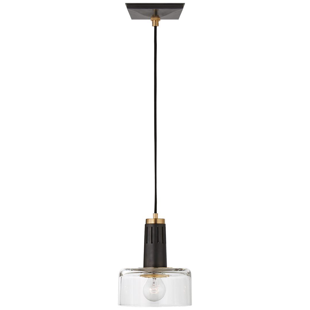 Iris Single Pendant in Bronze and Hand-Rubbed Antique Brass with Clear Glass