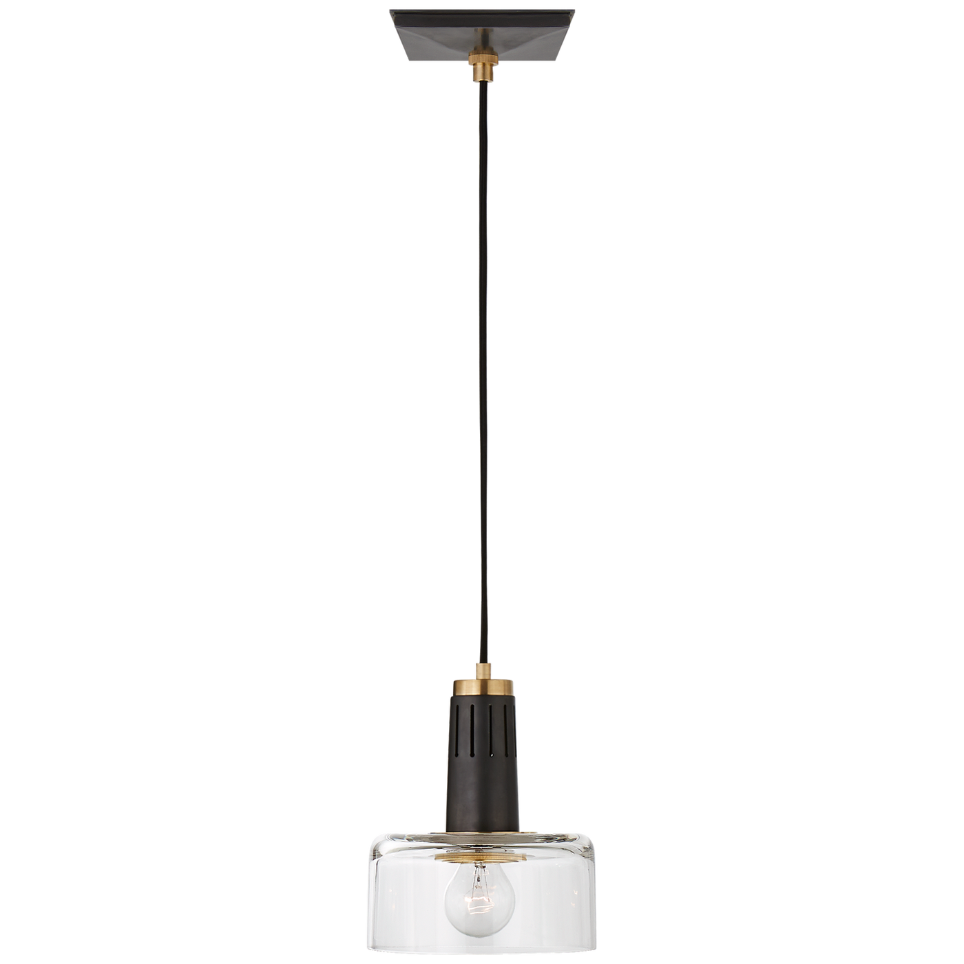 Iris Single Pendant in Bronze and Hand-Rubbed Antique Brass with Clear Glass