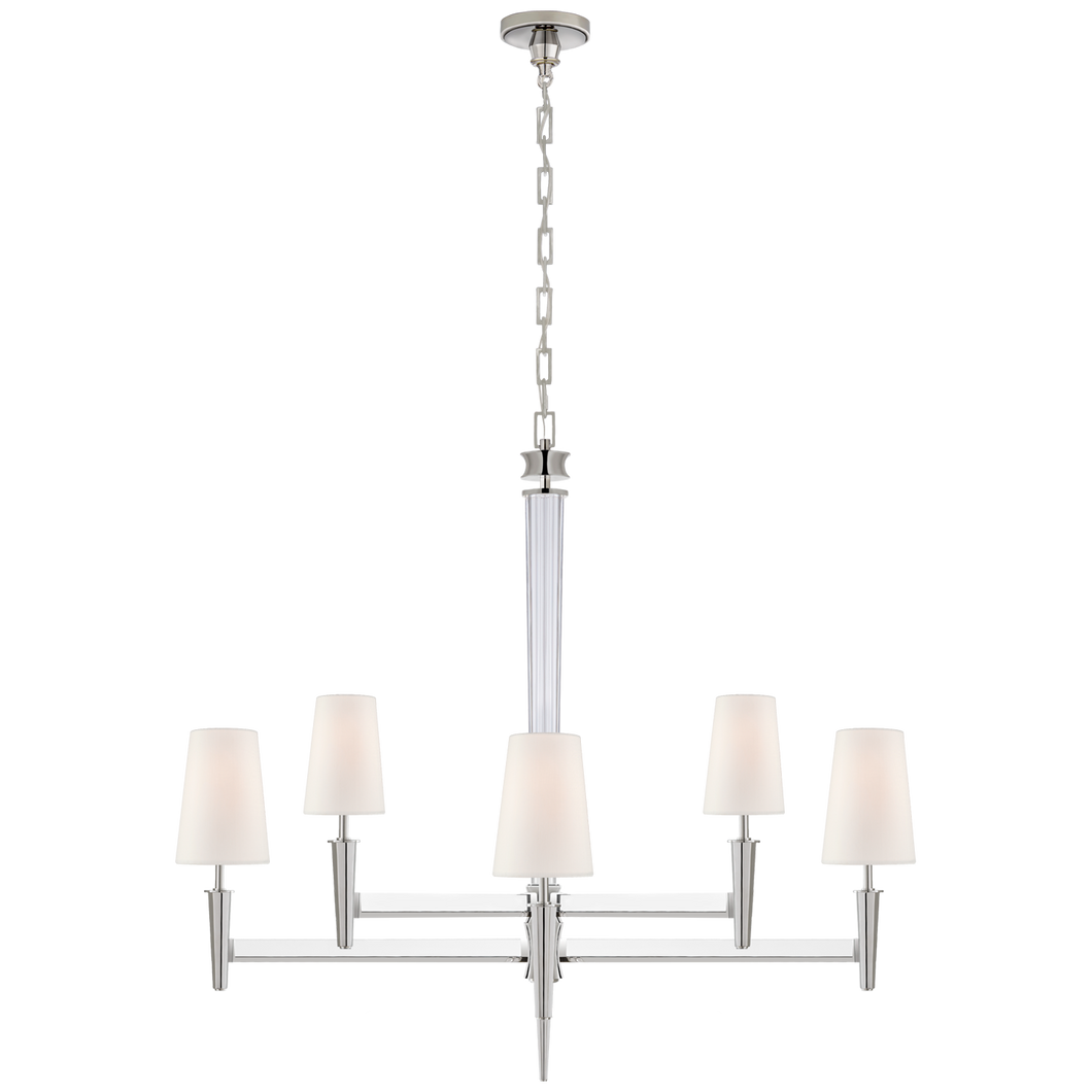 Lyra Two Tier Chandelier in Polished Nickel and Crystal with Linen Shades