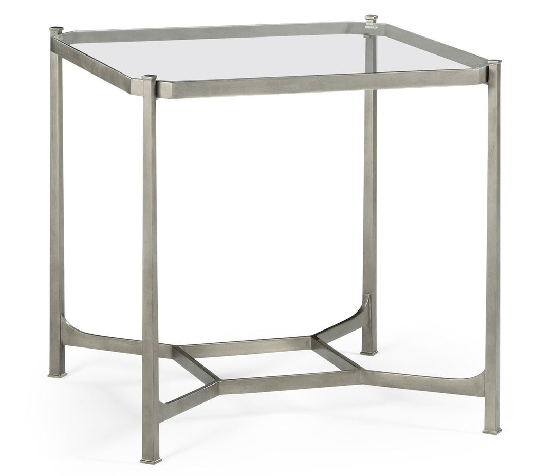 Square Side Table Contemporary with Glass Top - Silver